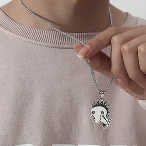 Punk style stainless steel mohawk head pendant necklace on a round box chain for women