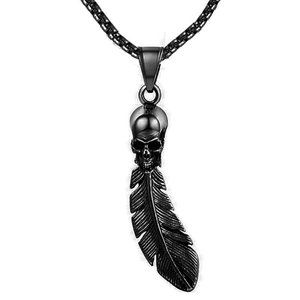 Gothic punk skull and feather pendant necklace with matte black finish on box chain