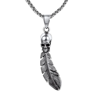 Gothic skull and feather pendant necklace in vintage oxidized stainless steel