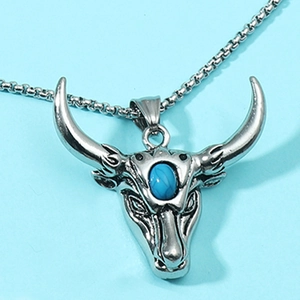 Bull head necklace with turquoise stone inlay and silver vintage tribal pendant style