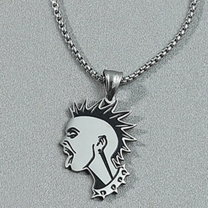 Punk style mohawk portrait pendant necklace in silver stainless steel with box chain