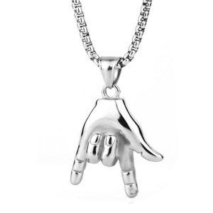 Hip hop silver rock hand gesture pendant necklace with box chain for street fashion