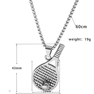 Detailed tennis racket necklace pendant with box chain and measurement annotations