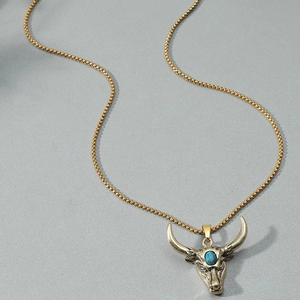 Vintage bull head necklace in gold finish with turquoise stone inlay for men