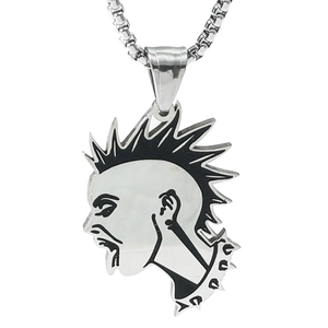 Punk style mohawk man pendant necklace in silver stainless steel on box chain