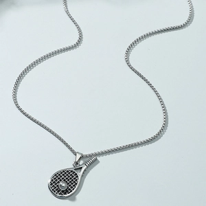 Silver Color Alloy Tennis Racket Pendant Necklace With Box Chain Sporty Style Unisex Jewelry For Sports Lovers Gift