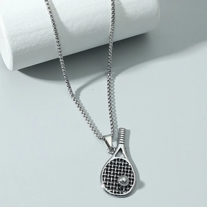Tennis racket pendant necklace with box chain for sports fans in silver finish