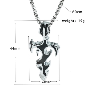 Detailed size chart for the gothic cross flame pendant featuring a 60cm stainless steel chain