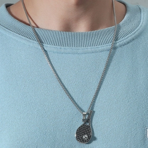 Tennis racket pendant necklace for men and women on round box chain with metallic finish