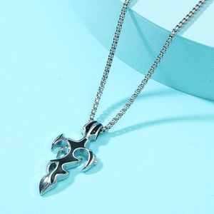 Vintage Punk Titanium Steel Cross Flame Sword Pendant Necklace For Men Gothic Tribal Totem Enamel Drip Oil Box Chain Jewelry