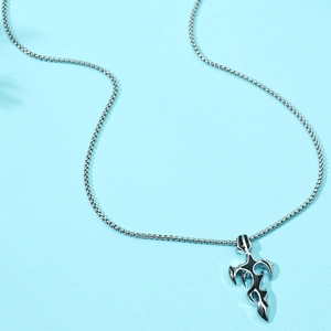 Men's flame sword pendant necklace in stainless steel with black tribal pattern accents
