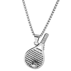 Polished silver tennis racket pendant necklace with detailed net and 3D ball design