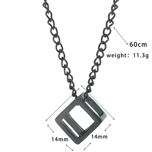 Detail view of 60cm black necklace with hollow cube pendant dimensions and weight