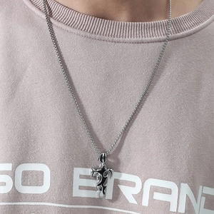 Gothic silver cross sword pendant necklace for men with black tribal totem details