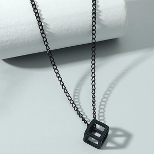 Minimalist Titanium Steel Hollow Cube Pendant Necklace Geometric 3D Square Alloy Rhinestone Chain Jewelry For Men Women Daily Party