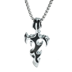 Gothic cross flame sword pendant necklace with silver box chain for men on white background
