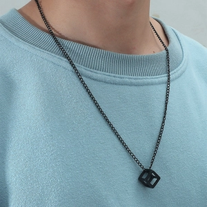 Black hollow 3D cube pendant necklace for men with geometric minimalist metal design