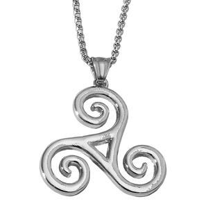 Silver Triskele pendant necklace featuring a classic Celtic triple spiral on a white background