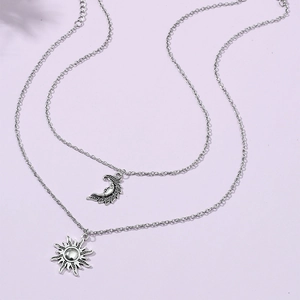 Silver double-layer sun and moon necklace with vintage celestial pendants for women