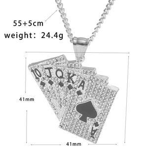 Detail view of iced out Ace of Spades royal flush poker pendant with 55cm chain specs