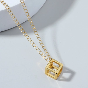 Minimalist gold hollow cube pendant necklace with O-chain for men and women hip hop style