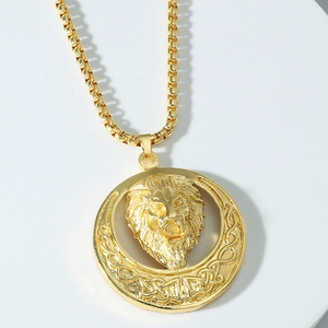 Vintage Hip Hop Lion Head Pendant Necklace For Men Women Gold Plated Round Celtic Knot Medallion Box Chain Jewelry Gift