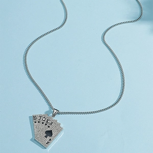 Iced out Ace of Spades Royal Flush poker pendant with silver Cuban link chain