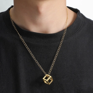 Modern gold hollow cube pendant necklace for men with stylish geometric O-chain design