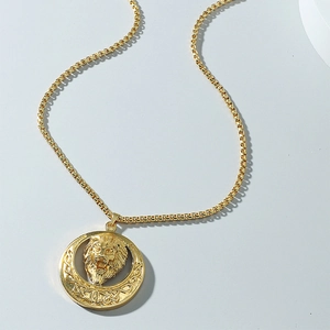 Golden sun lion head pendant necklace with celtic patterns and box chain for men