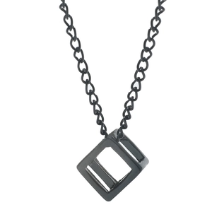 Minimalist black plated necklace featuring a hollow geometric cube pendant on thin chain