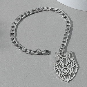 Bracelet Homme en Acier Inoxydable Tête de Loup Creuse Géométrique Chaîne Figaro Style Punk Bijoux en Métal Poli