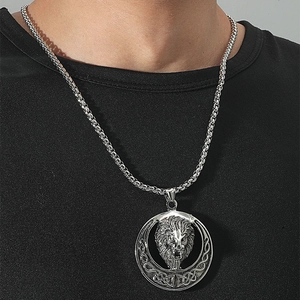 Retro lion head pendant necklace in silver stainless steel for men with celtic knot design