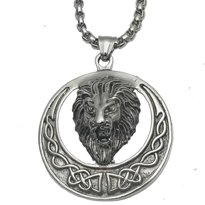 Retro lion head pendant necklace with celtic knot engraving on square pearl chain