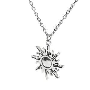 Vintage silver sun pendant necklace with wavy rays on a classic link chain for women