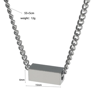 Detailed size map of cube pendant necklace showing 55+5cm chain and 15x6mm dimensions