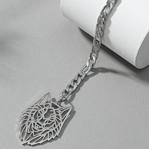 Collier pour homme en acier inoxydable avec pendentif tête de loup géométrique et chaîne Figaro