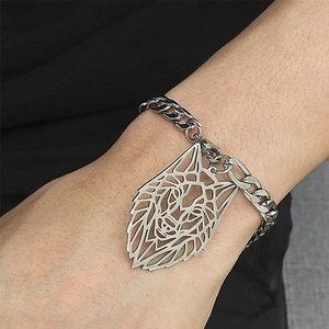 Bracelet pour homme en acier inoxydable avec tête de loup géométrique et chaîne gourmette punk