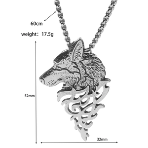Detailed view of silver wolf head pendant with 60cm chain length and 52mm height specs
