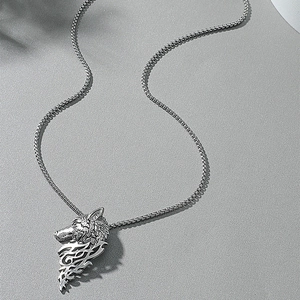 Vintage silver wolf head pendant necklace for men with engraved flame totem details