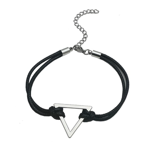 Minimalist woven leather bracelet with silver triangle charm and adjustable metal clasp