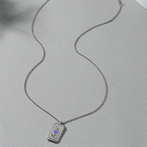 Retro Tarot Lovers necklace in stainless steel with purple enamel heart and VI charm