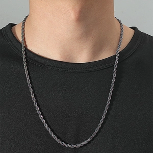 Close-up of 8mm dark gray titanium steel rope chain necklace on a male model wearing black