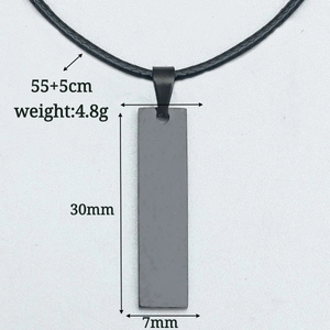 Close-up of black rectangular stainless steel bar pendant with dimensions on grey background