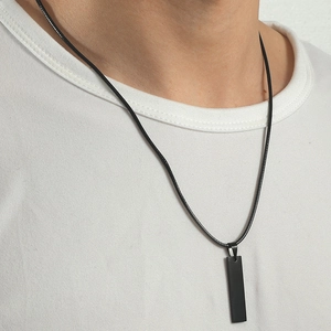 Minimalist matte black stainless steel rectangle bar pendant necklace for men