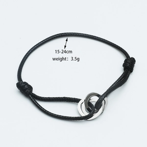 Adjustable black cord bracelet with three interlocking rings, 15-24cm length and 3.5g weight