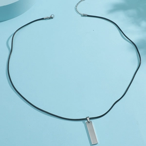 Polished stainless steel bar pendant necklace with minimalist black cord and lobster clasp