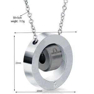 Close-up of double ring pendant with engraved numbers and dimensions 22mm x 22mm