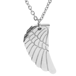 Collier pendentif aile d'ange en acier inoxydable argenté avec gravure de plumes