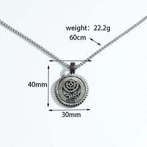 Close-up of cyberpunk gear pendant in antique silver finish with industrial box chain
