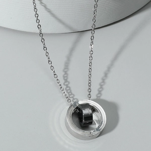 Double Ring Pendant Necklace Stainless Steel Alloy Rhinestone Black Silver Geometric Circle Necklace Men Women Jewelry